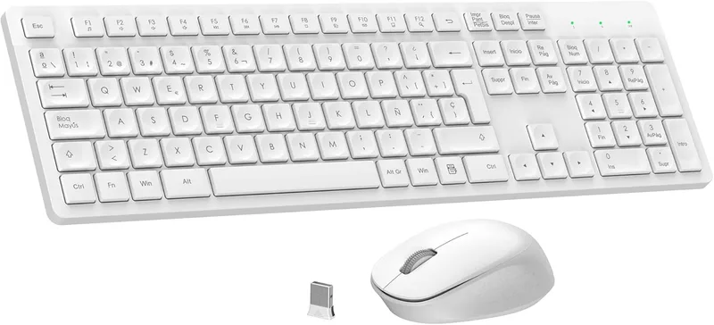 LeadsaiL ▫️ Teclado e Rato Sem Fios, Teclado e Rato Sem Fios Ergonómicos, QWERTY Espanhol, Tamanho Completo com Teclado Numérico, Recetor USB de 2,4 GHz para Mac, PC e Portáteis – Branco