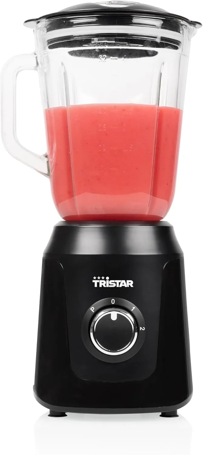 Tristar ▫️ Batedeira jarro de vidro com capacidade para 1 litro, 2 velocidades, função de pulsação para triturar gelo, peças laváveis na máquina de lavar louça, preta, 350 W, Smoothie Maker BL-4482