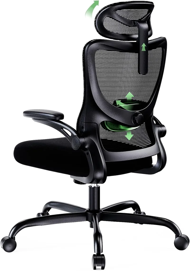 Marsail ▫️ Cadeira de escritório ergonómica, cadeira de escritório ergonómica com apoio para a cabeça ajustável em 2D, apoio lombar em 2D, braços rebatíveis em 3D, regulação de altura, cadeira de escritório giratória com capacidade até 136 kg