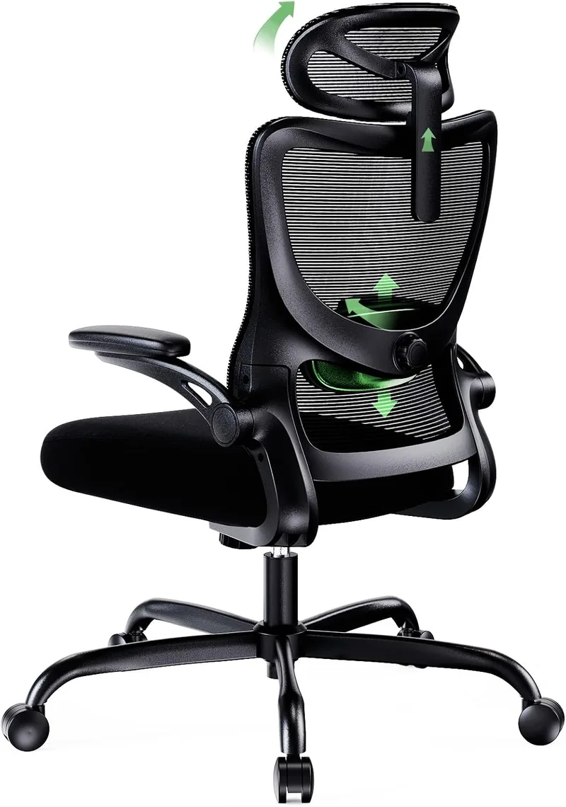 Marsail ▫️ Cadeira de escritório ergonómica, cadeira de escritório ergonómica com apoio para a cabeça ajustável em 2D, apoio lombar 2D, braços rebatíveis em 3D, regulação de altura, cadeira de escritório giratória com capacidade até 136 kg