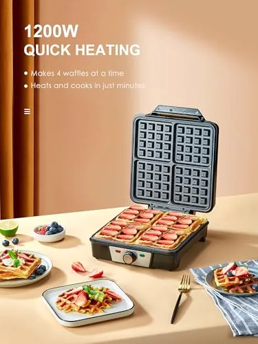VINATO ▫️ Máquina de Gofres, Máquina de Waffles para 4 Gofres, 1200 W, aquecimento rápido e estável, máquina de gofres com revestimento antiaderente nas placas de aquecimento, regulação contínua da temperatura, fácil de guardar 2