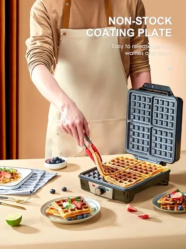 VINATO ▫️ Máquina de Gofres, Máquina de Waffles para 4 Gofres, 1200 W, aquecimento rápido e estável, máquina de gofres com revestimento antiaderente nas placas de aquecimento, regulação contínua da temperatura, fácil de guardar 3