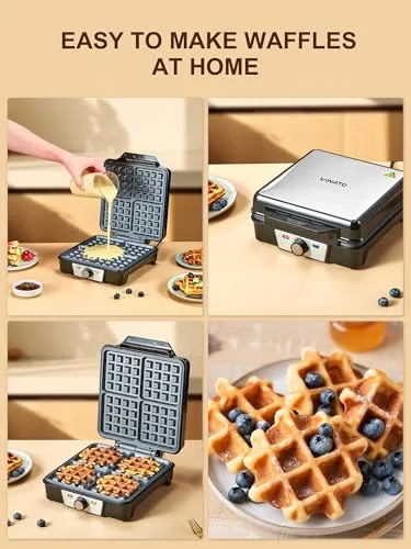 VINATO ▫️ Máquina de Gofres, Máquina de Waffles para 4 Gofres, 1200 W, aquecimento rápido e estável, máquina de gofres com revestimento antiaderente nas placas de aquecimento, regulação contínua da temperatura, fácil de guardar 4