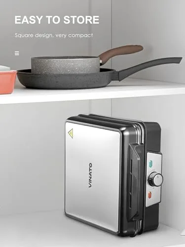 VINATO ▫️ Máquina de Gofres, Máquina de Waffles para 4 Gofres, 1200 W, aquecimento rápido e estável, máquina de gofres com revestimento antiaderente nas placas de aquecimento, regulação contínua da temperatura, fácil de guardar 5