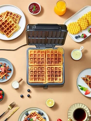 VINATO ▫️ Máquina de Gofres, Máquina de Waffles para 4 Gofres, 1200 W, aquecimento rápido e estável, máquina de gofres com revestimento antiaderente nas placas de aquecimento, regulação contínua da temperatura, fácil de guardar 6