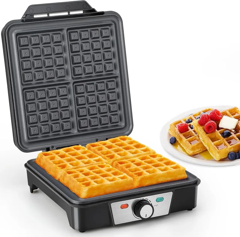 VINATO ▫️ Máquina de Gofres, Máquina de Waffles para 4 Gofres, 1200 W, aquecimento rápido e estável, máquina de gofres com revestimento antiaderente nas placas de aquecimento, regulação contínua da temperatura, fácil de guardar