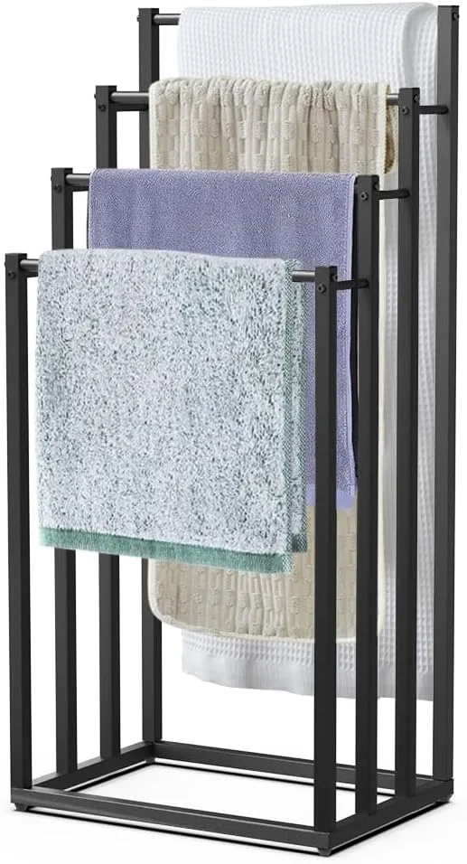 VOUNOT ▫️ ® Toalheiro de pé com 4 níveis Toalheiro em escada com 4 barras para pendurar toalhas Toalheiro múltiplo com estrutura metálica 45x33x101 cm Suporte e prateleira para secar toalhas para casa de banho, WC e lavandaria Preto