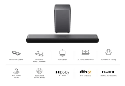 TCL ▫️ S55HE Barra de som 2.1, 220 W, subwoofer sem fios, Dolby Atmos, DTS Virtual:X, HDMI eARC, Bluetooth 5.3, comando único, compatível com TV 2