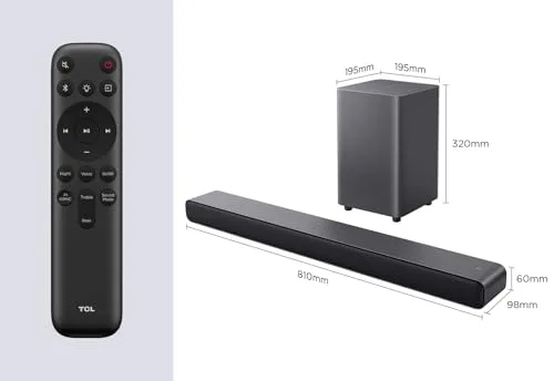 TCL ▫️ S55HE Barra de som 2.1, 220 W, subwoofer sem fios, Dolby Atmos, DTS Virtual:X, HDMI eARC, Bluetooth 5.3, comando único, compatível com TV 3