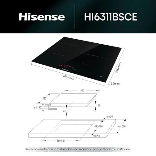 Hisense ▫️ HI6311BSCE - Placa de indução, 29 cm, vitrocerâmica, 3 bicos, 7200 W, aquecimento rápido Power Boost, controlo tátil, zona expansível 2