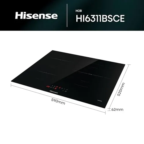 Hisense ▫️ HI6311BSCE - Placa de indução, 29 cm, vitrocerâmica, 3 bicos, 7200 W, aquecimento rápido Power Boost, controlo tátil, zona expansível 3