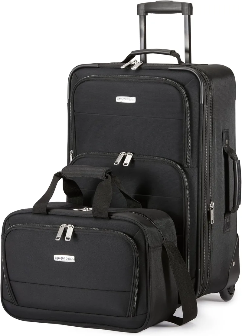 Amazon Basics ▫️ Conjunto de malas de viagem flexíveis de 2 peças, mala de mão expansível (58 cm) e bolsa de mão (25 cm), leves, 100% poliéster, empilháveis, pretas