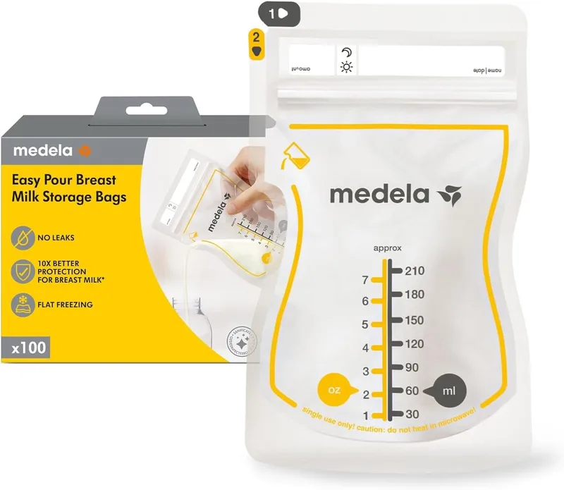 Medela ▫️ Sacos de armazenamento de leite materno Easy Pour sacos descartáveis de 210 ml, à prova de fugas, protegem os nutrientes do leite, sem BPA, embalagem de 100 unidades, em exclusivo na Amazon