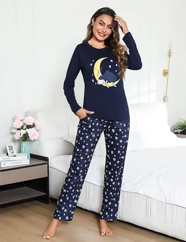 Aseniza ▫️ Conjunto de pijama de inverno para mulher em algodão, com mangas compridas, 2 peças, com bolso 4