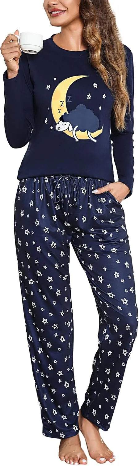 Aseniza ▫️ Conjunto de pijama de inverno para mulher em algodão, com mangas compridas, 2 peças, com bolso
