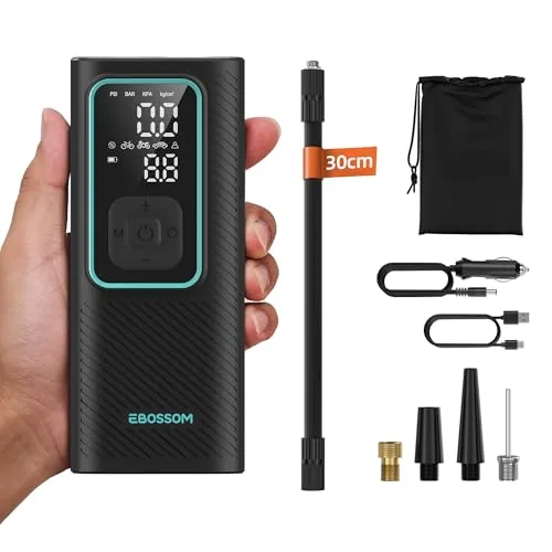 EBOSSOM ▫️ Compressor de ar portátil de 10,3 bar, inflador de pneus de carro a bateria de 6000 mAh e 12 V CC, mini-inflador elétrico para automóvel, mota, bicicleta e bola, bomba de ar com função de luz LED, carregamento USB-C 4