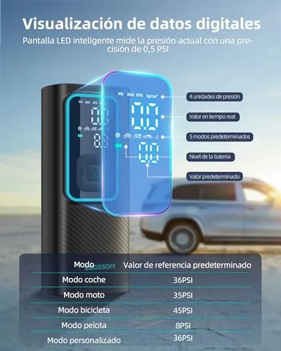 EBOSSOM ▫️ Compressor de ar portátil de 10,3 bar, inflador de pneus de carro a bateria de 6000 mAh e 12 V CC, mini-inflador elétrico para automóvel, mota, bicicleta e bola, bomba de ar com função de luz LED, carregamento USB-C 5