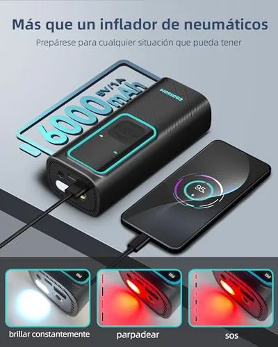 EBOSSOM ▫️ Compressor de ar portátil de 10,3 bar, inflador de pneus de carro a bateria de 6000 mAh e 12 V CC, mini-inflador elétrico para automóvel, mota, bicicleta e bola, bomba de ar com função de luz LED, carregamento USB-C 6