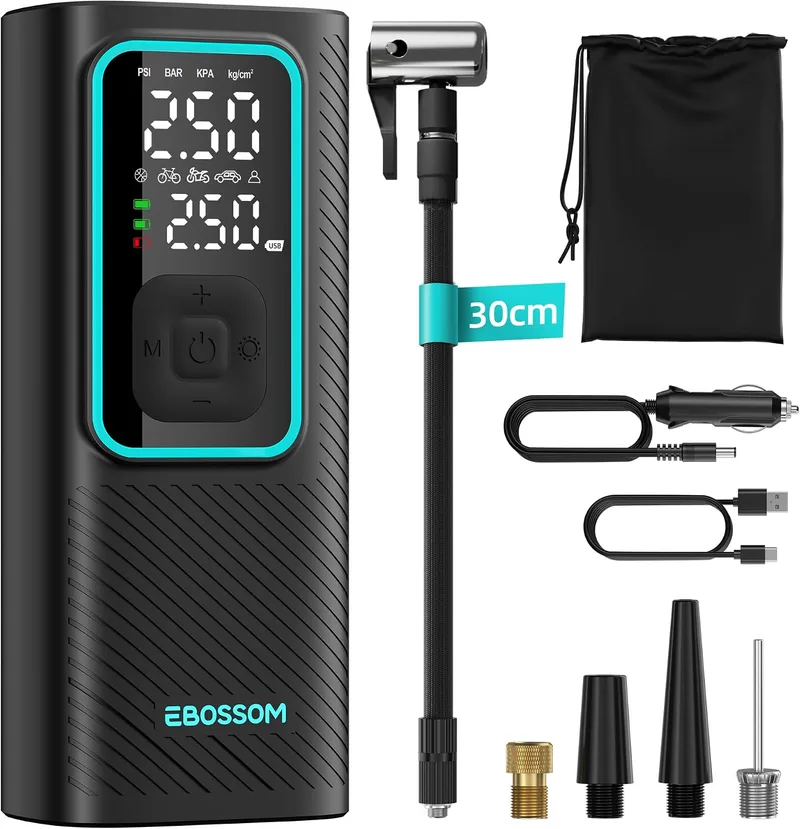 EBOSSOM ▫️ Compressor de ar portátil de 10,3 bar, inflador de pneus de carro a bateria de 6000 mAh e 12 V CC, mini-inflador elétrico para automóvel, mota, bicicleta e bola, bomba de ar com função de luz LED, carregamento USB-C