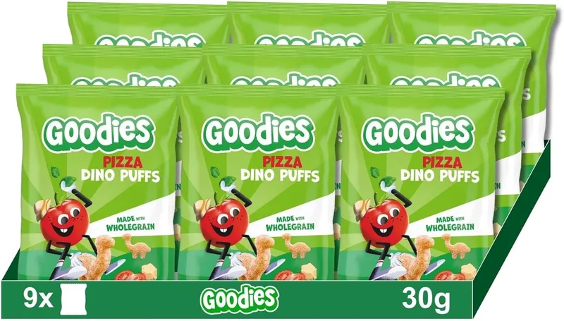 Goodies ▫️ Snack Infantil Sabor a Pizza, Folhado de Queijo de Trigo Integral, Forma Divertida, 30g x 9U