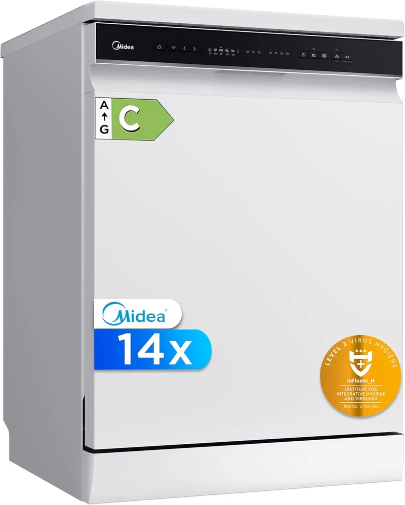 Midea ▫️ Máquina de lavar louça 60 cm+++ Branca para 14 serviços - Máquina de lavar louça de instalação livre - Compacta com 10 programas de lavagem, para encastrar - Filtro antibacteriano e programação horária - Novo modelo