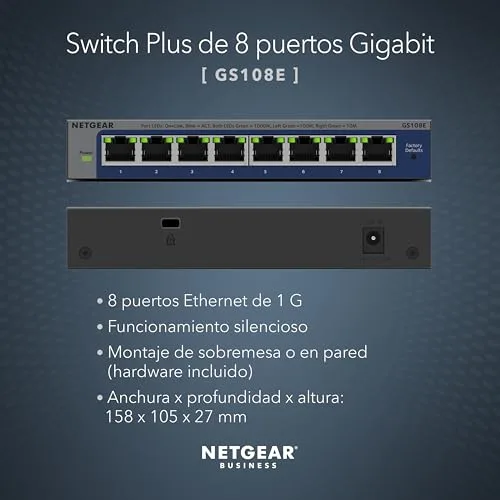 NETGEAR ▫️ GS108E Switch de 8 portas Gigabit Ethernet Plus, gerenciável, montagem em secretária ou na parede e garantia vitalícia limitada 2