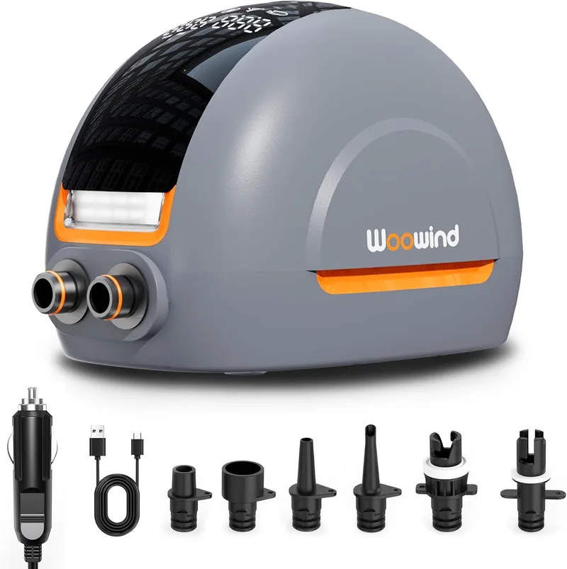 Woowind ▫️ NW10 Bomba Elétrica de 20 PSI para SUP, Paddle Surf, Caiaques, Colchões, Barcos Insufláveis, Alta Pressão com Conector de 12 V CC Tipo C, Inflador Inteligente Rápido e Desligamento Automático