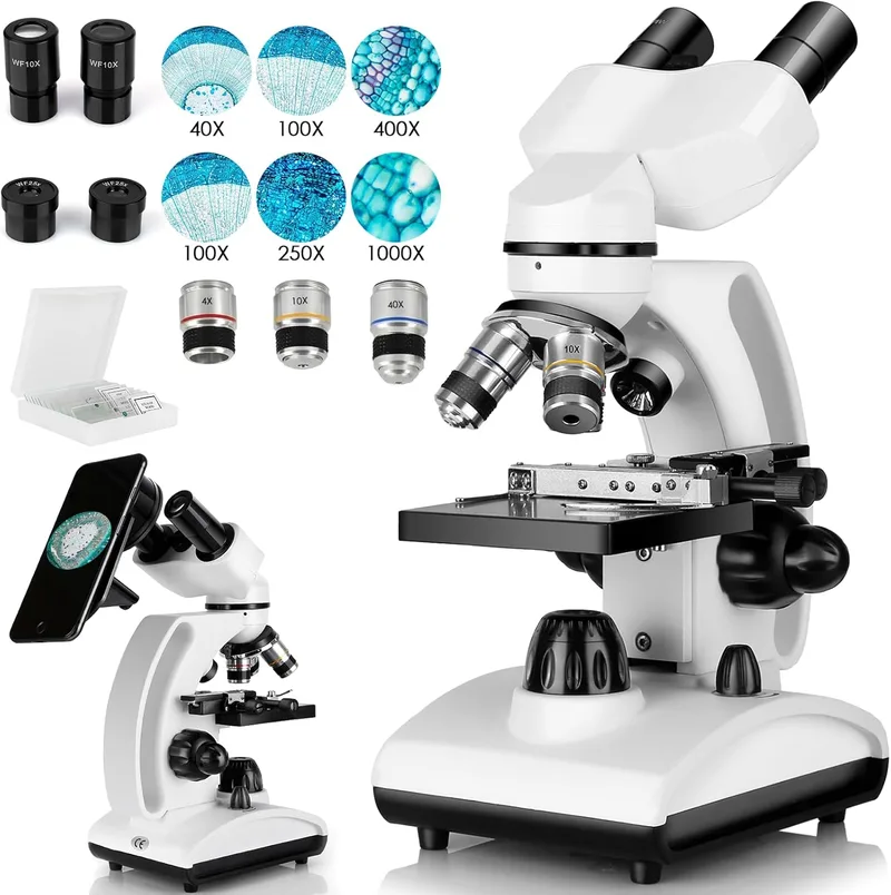 Cowiewie ▫️ Microscópio binocular (40X-1000X), palco mecânico de camada dupla, suporte para telemóvel para utilização em laboratório para partilhar investigação e adequado para adolescentes e estudantes universitários