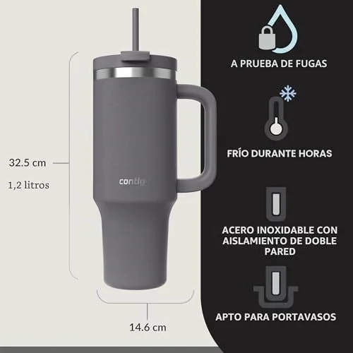 Contigo ▫️ Garrafa térmica de 1200 ml com pega e palhinha, Garrafa térmica isolada em aço inoxidável com tampa, Thermos, Mantém a temperatura fria durante 29 horas, Caneca térmica, Sem BPA, Darkstone 2