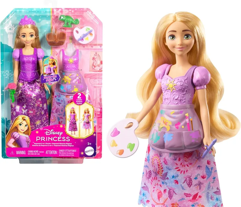 Mattel ▫️ Disney Princess Rapunzel 2 in 1 Fashion Doll, brinquedo inspirado no filme "Tangled" da Disney com 9 acessórios e 2 looks com 2 corpetes de encaixe e 2 saias, JBG09