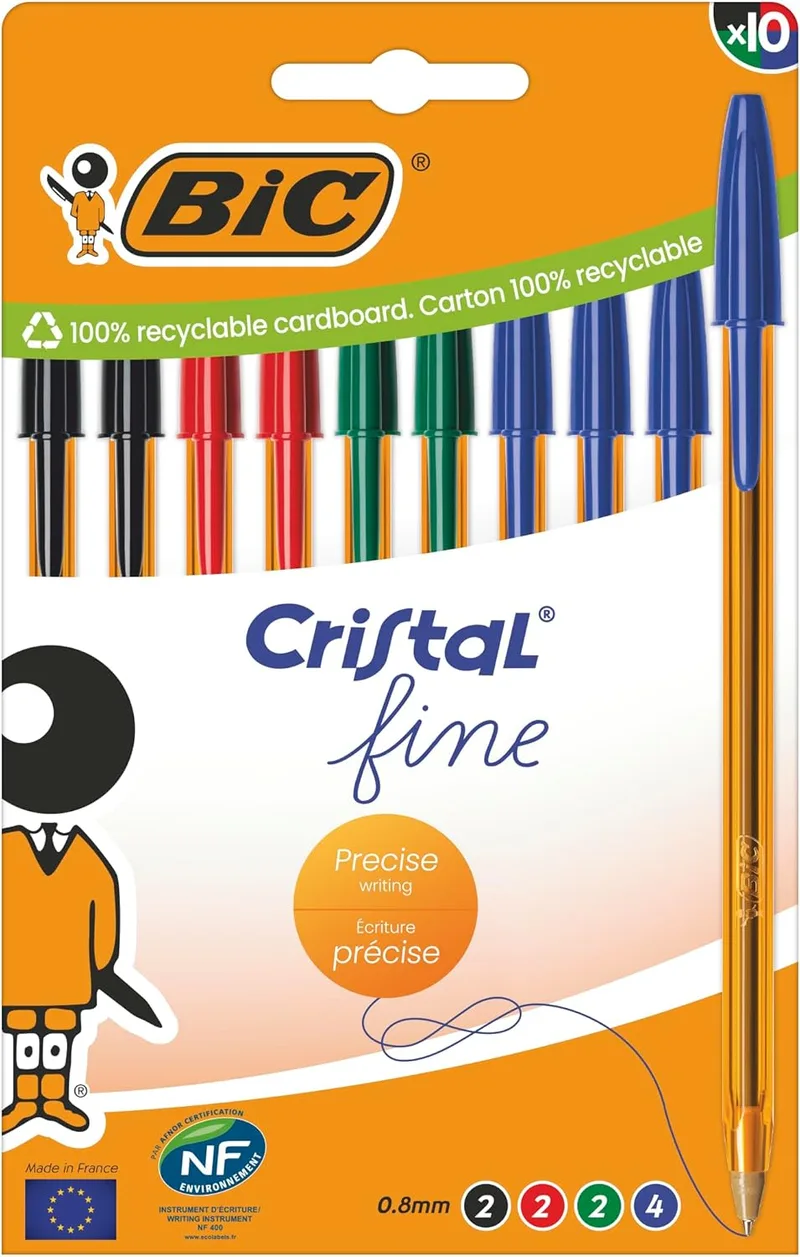 BIC ▫️ Esferográfica Cristal Original Fine Ponta fina (0,8 mm) com corpo laranja translúcido - Cores de tinta variadas, embalagem de 10