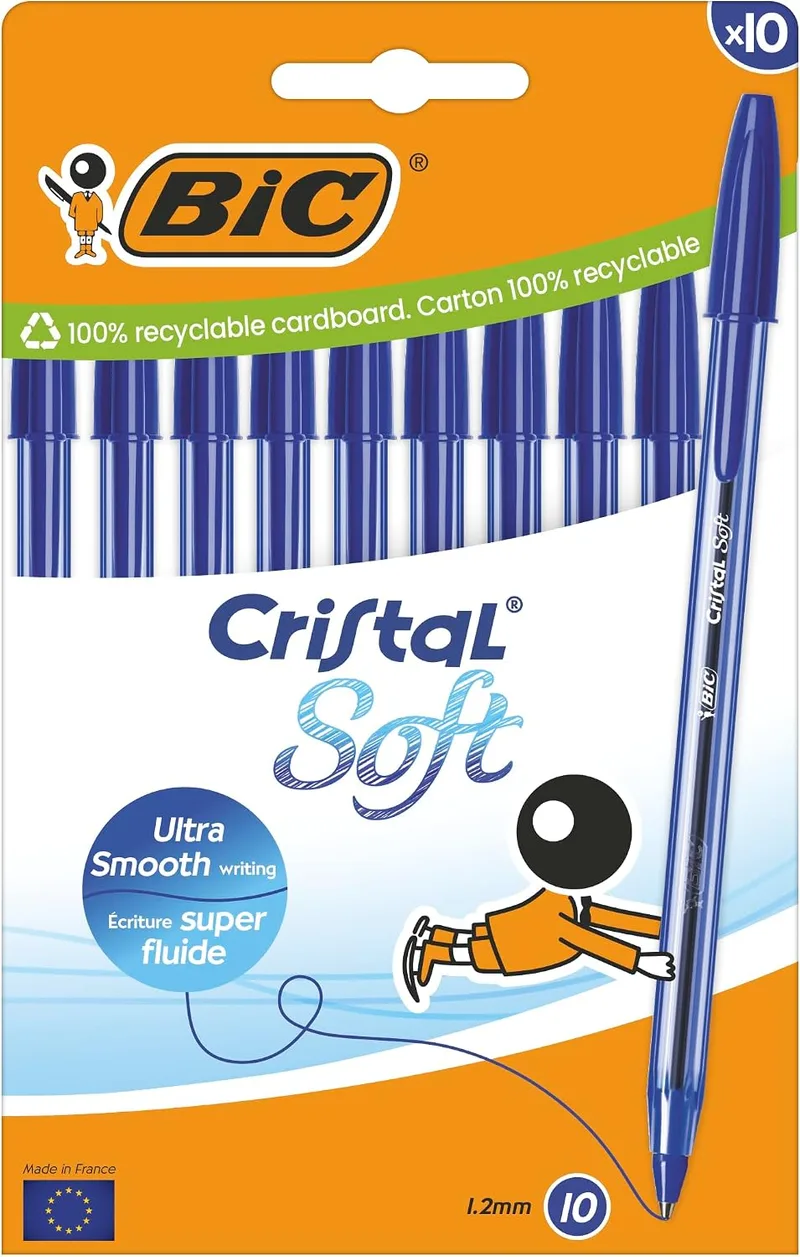 BIC ▫️ Canetas esferográficas Cristal Soft com ponta média (1,2 mm) e tinta Easy Glide - Azul, caixa de cartão com 10 unidades