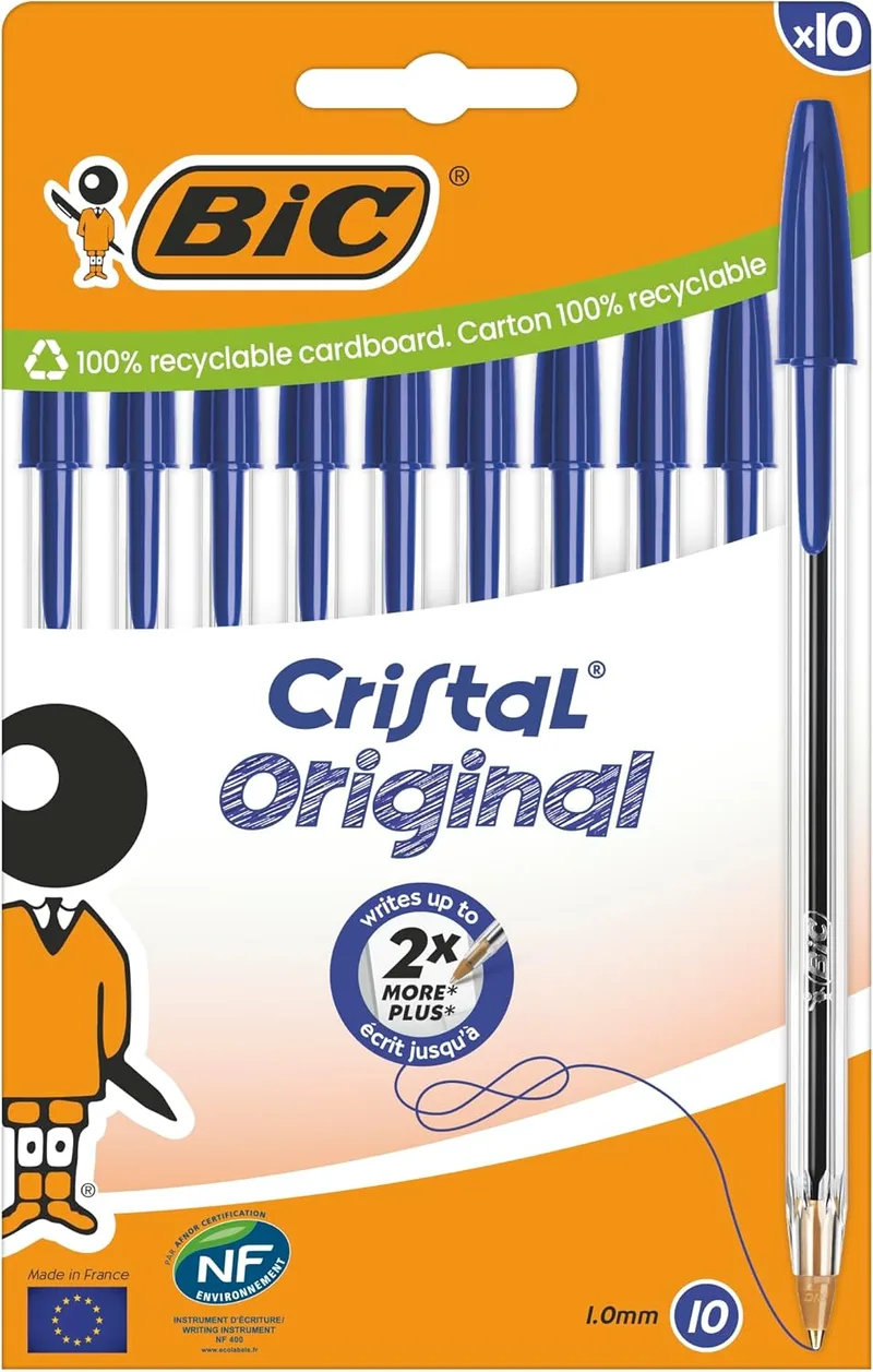BIC ▫️ Canetas esferográficas médias Cristal Original (1,00 mm) com tampa e tampa a condizer - Azul, caixa de 10