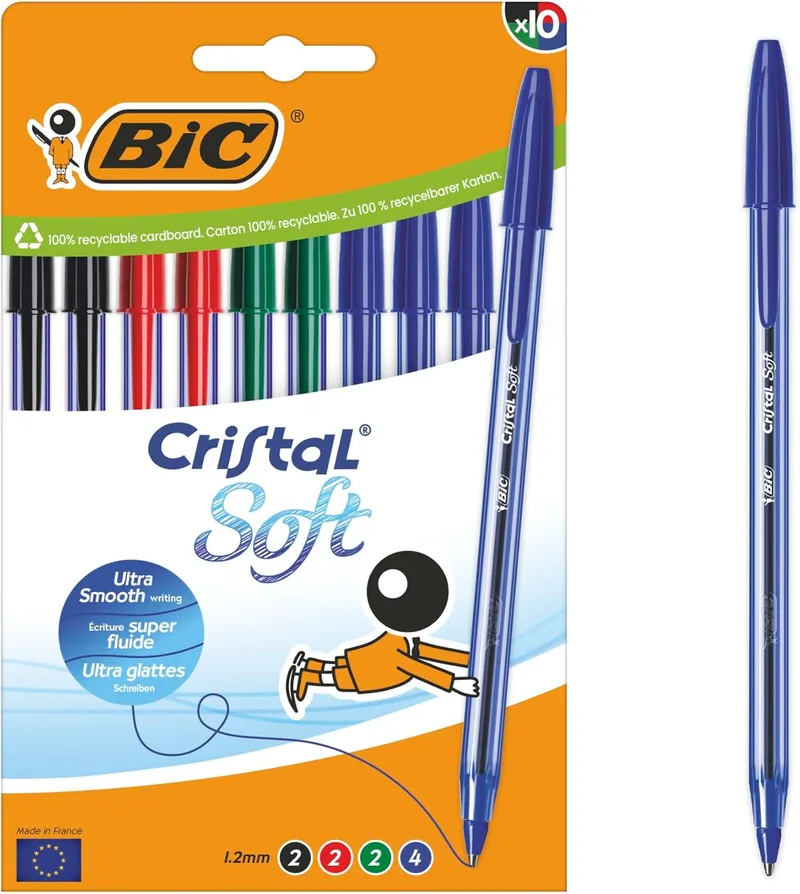 BIC ▫️ Cristal Soft - Esferográficas médias (1,2 mm) com tinta Easy Glide - Cores sortidas, caixa com 10 unidades