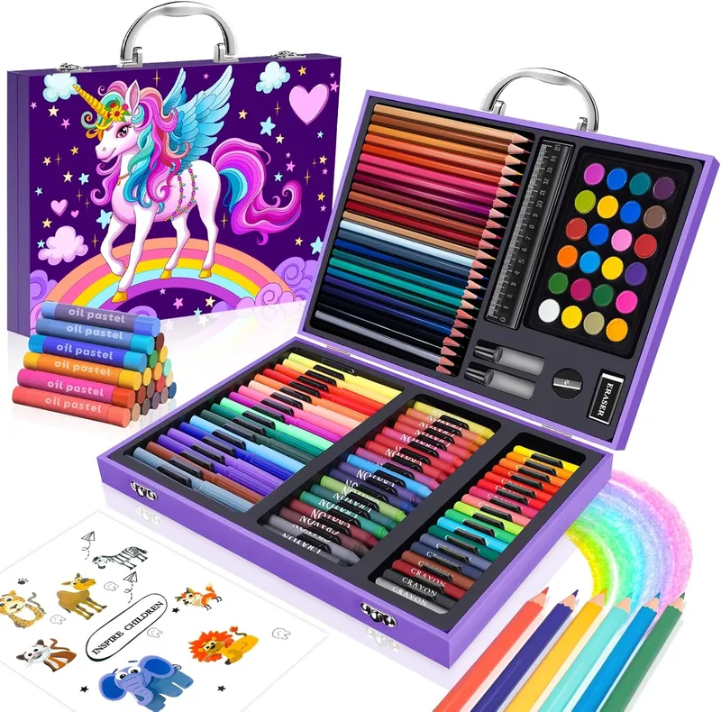 CutteeyFyry ▫️ Estojo de pintura para crianças com unicórnio,Estojo de pintura para crianças,Estojo de pintura para crianças com marcadores, aguarelas, lápis de cera, lápis de cor, lápis de cor, prendas para crianças
