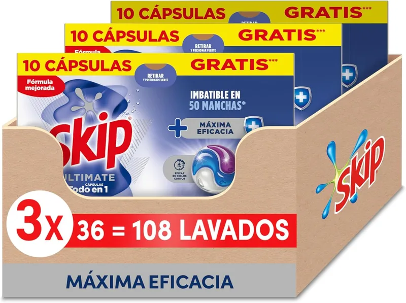 Skip ▫️ Ultimate Detergente em Cápsulas para a roupa - Máxima Eficácia, 3 x 36 lavagens