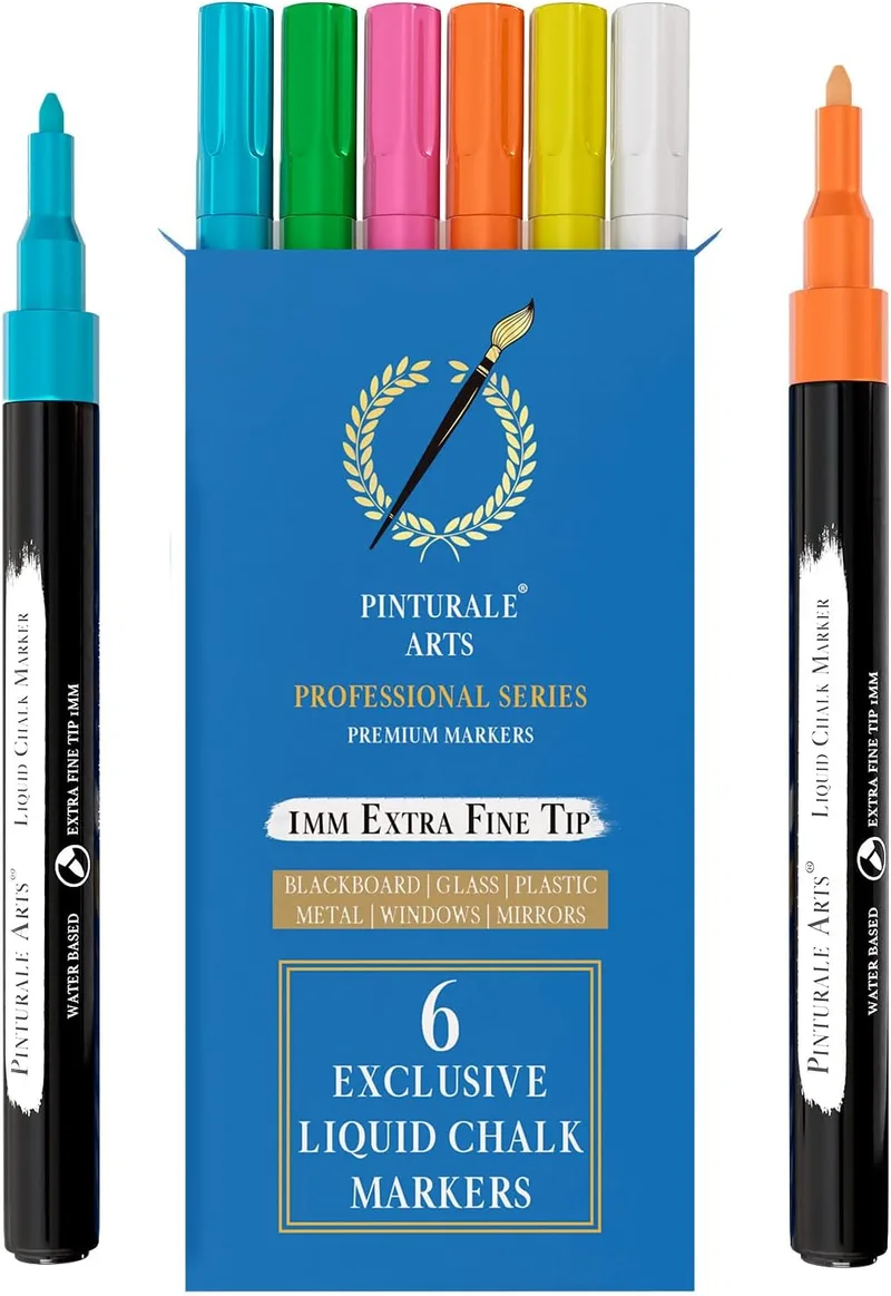Pinturale Arts ▫️ Marcadores de giz líquido | Conjunto 6 cores | Marcadores de vidro apagáveis | Ponta fina de 1 mm | Para janelas, quadro branco, apagador fácil