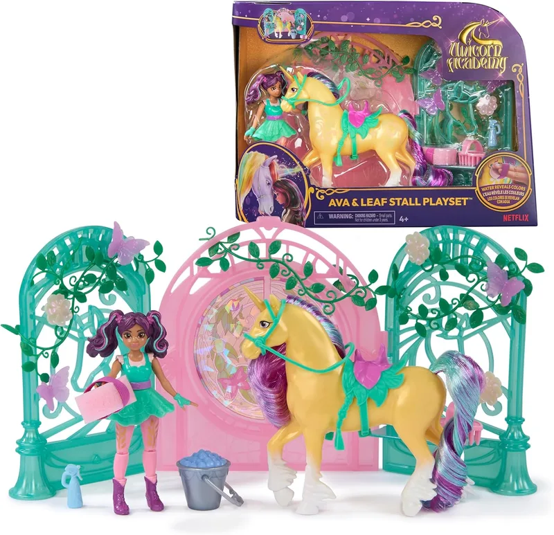 Unicorn Academy ▫️ boneca AVA e conjunto de estábulo com a unicórnio Brizna que muda de cor, 15 acessórios, brinquedos de bonecas e unicórnios para meninas a partir dos 4 anos