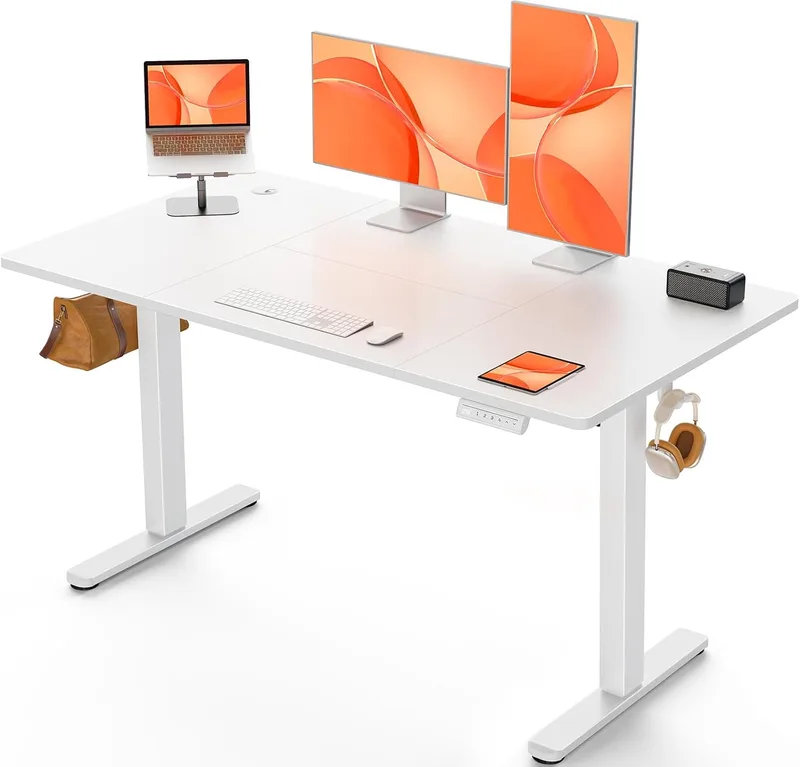 ErGear ▫️ Mesa elevatória elétrica 120 x 60 cm, branca | Ajuste elétrico de 72 a 118 cm, 4 memórias, 80 kg, 55 dB, estável, ganchos e passadores de cabos, tampo montado.