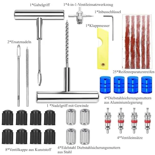 QUNNIE ▫️ Kit de reparação de pneus, kit de reparação de pneus de 53 peças, kit de reparação de pneus portátil para automóveis, camiões, motociclos, veículos recreativos e tratores 2