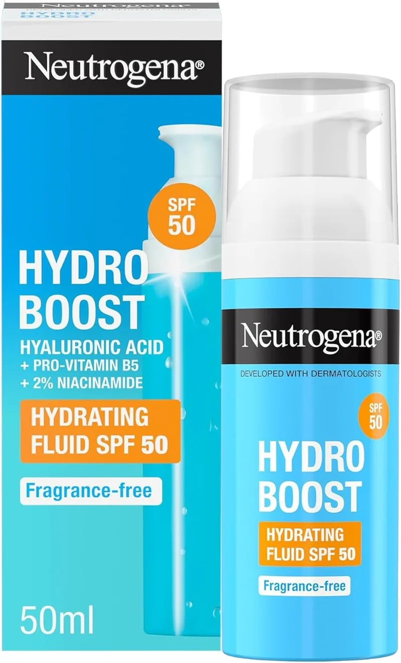 Neutrogena ▫️ Hydro Boost Moisturising Fluid SPF 50 (1 x 50 ml), protetor solar de uso diário 50 com ácido hialurónico e 2% de niacinamida, protetor solar hidratante de largo espetro.