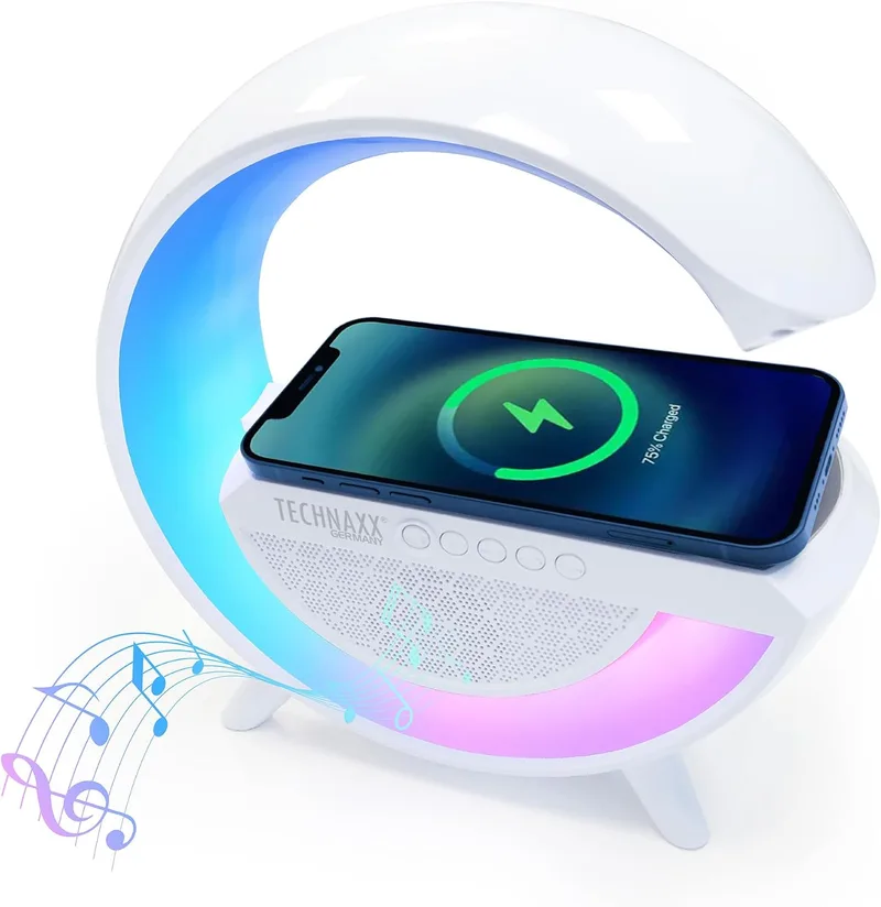 Technaxx ▫️ TX-264, um altifalante sem fios com luz nocturna LED, carregamento de 10 watts e 6 modos de luz RGB, altifalante Bluetooth em forma de G, luz nocturna ambiente, carregador de telemóvel multifuncional
