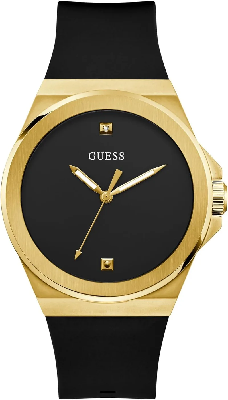 GUESS ▫️ BR GLD CS W/BR GLD TR/Sun BLK DMND DL/BLK SMTH Silicone STRP, preto