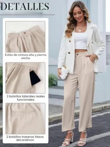 CheChury ▫️ Calças de senhora de cintura alta, casuais, de perna larga, para o trabalho, de cor sólida, com cintura elástica, de perna reta, compridas, com bolsos, para o escritório, calças de senhora para ocasiões formais 4