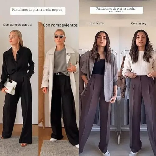 CheChury ▫️ Calças de senhora de cintura alta, casuais, de perna larga, para o trabalho, de cor sólida, com cintura elástica, de perna reta, compridas, com bolsos, para o escritório, calças de senhora para ocasiões formais 6