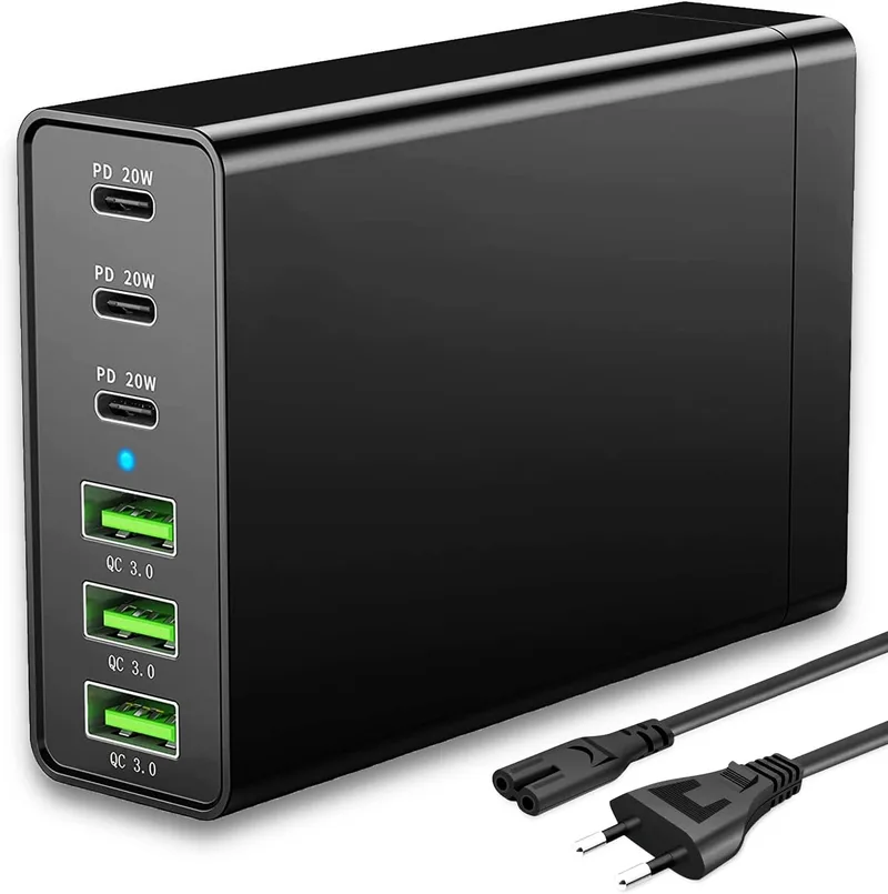 nongxiang ▫️ Carregador USB-C, 96 W, GaN, 6 portas, estação de carregamento múltipla, carregador rápido PD USB-C, carregador de secretária compatível com iPhone/Xiaomi/Tablet/Smartwatch