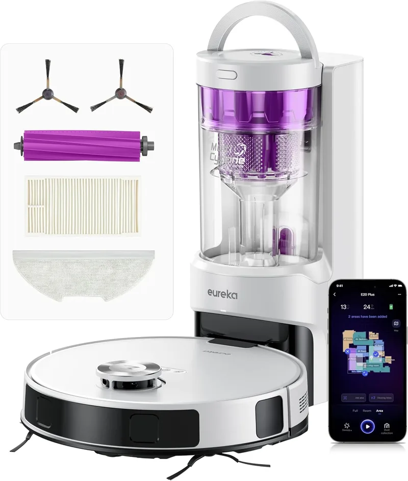 EUREKA ▫️ Robô aspirador E20 Plus com esvaziamento automático, 8000 Pa, sistema anti-emaranhamento, 180 min