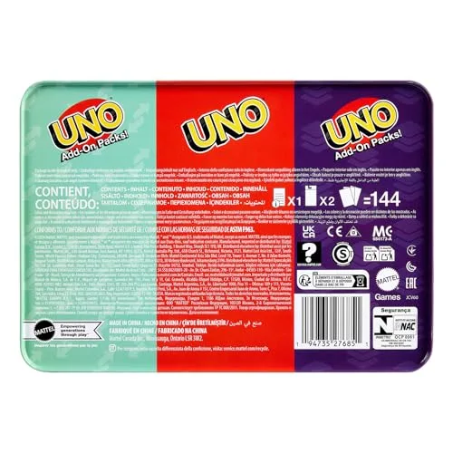 Mattel Games ▫️ UNO - Jogo de cartas com 2 pacotes extra e caixa metálica 6
