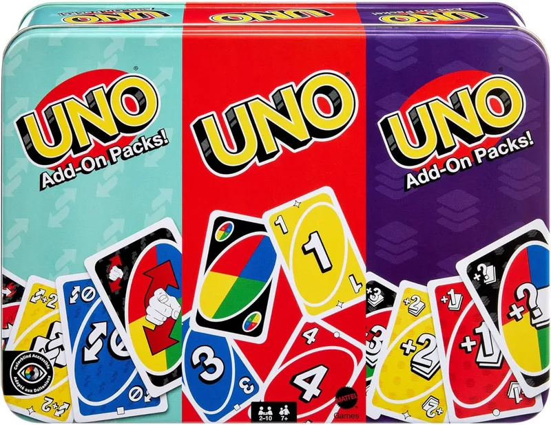 Mattel Games ▫️ UNO com 2 Pacotes de Expansão e Caixa Metálica Colecionável para Crianças, Adultos e Noites de Jogo em Família, 2 a 10 Jogadores, JCV60