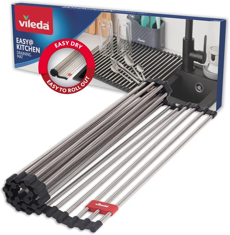Vileda ▫️ Escorredor de pratos para lava-loiça 45 x 40 cm – Escorredor de pratos dobrável – Aço inoxidável – Enrolável, ideal como suporte para louça e cobertura para o lava-loiça, escorredor de pratos dobrável